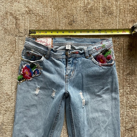 Free People Distressed Low Rise Straight Leg Embroidered Jeans, Size 26 - Picture 7 of 11